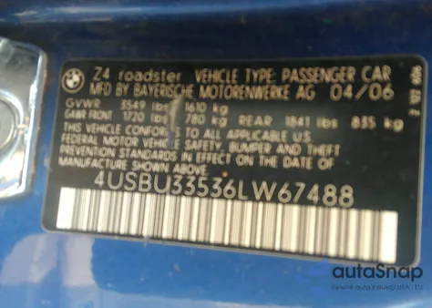 2006 BMW Z4 3.0 z USA, uszkodzony, nr VIN 4USBU33536LW67488